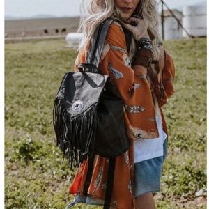 Genuine leather black backpack boho fringe